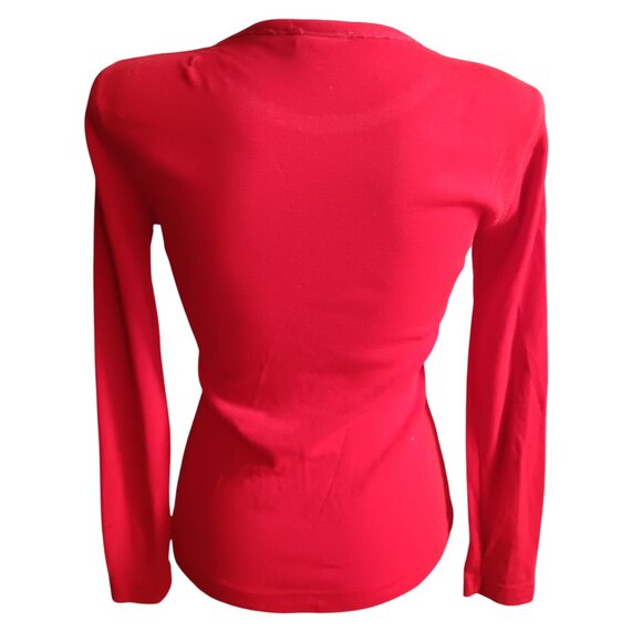 Womens T-shirt Medium 1970's Vintage Red Long Sleeve Glam Top Acrylic Crew Neck - Picture 3 of 5
